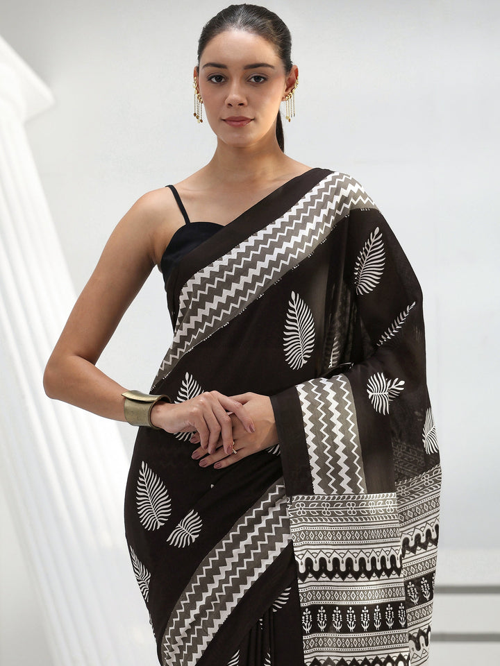 Black Floral Printed Cotton Saree