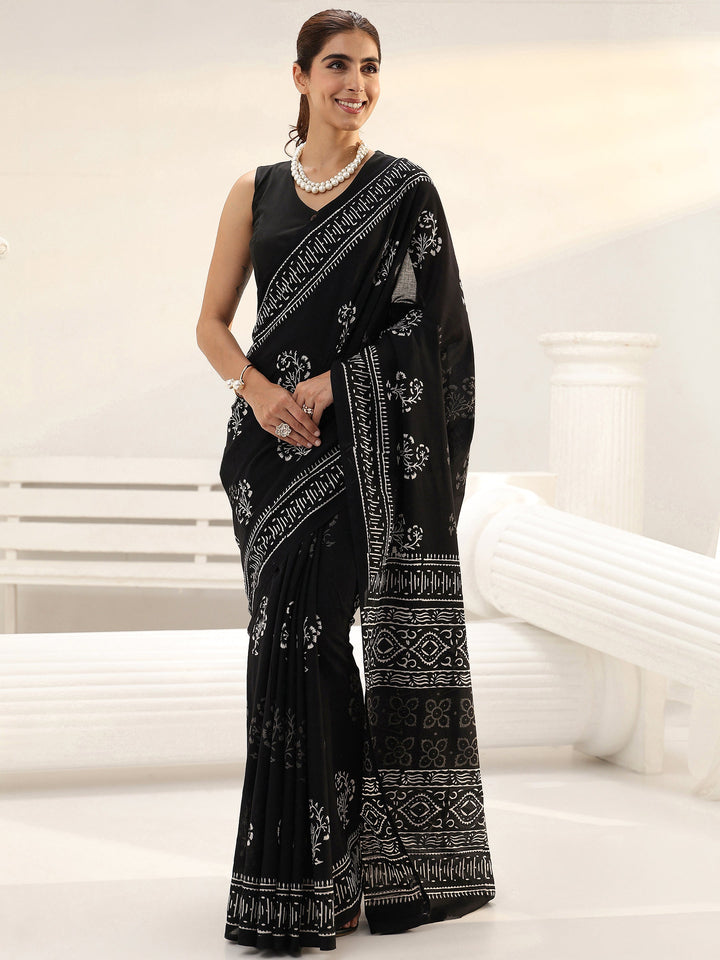 Blue Floral Printed Cotton Saree