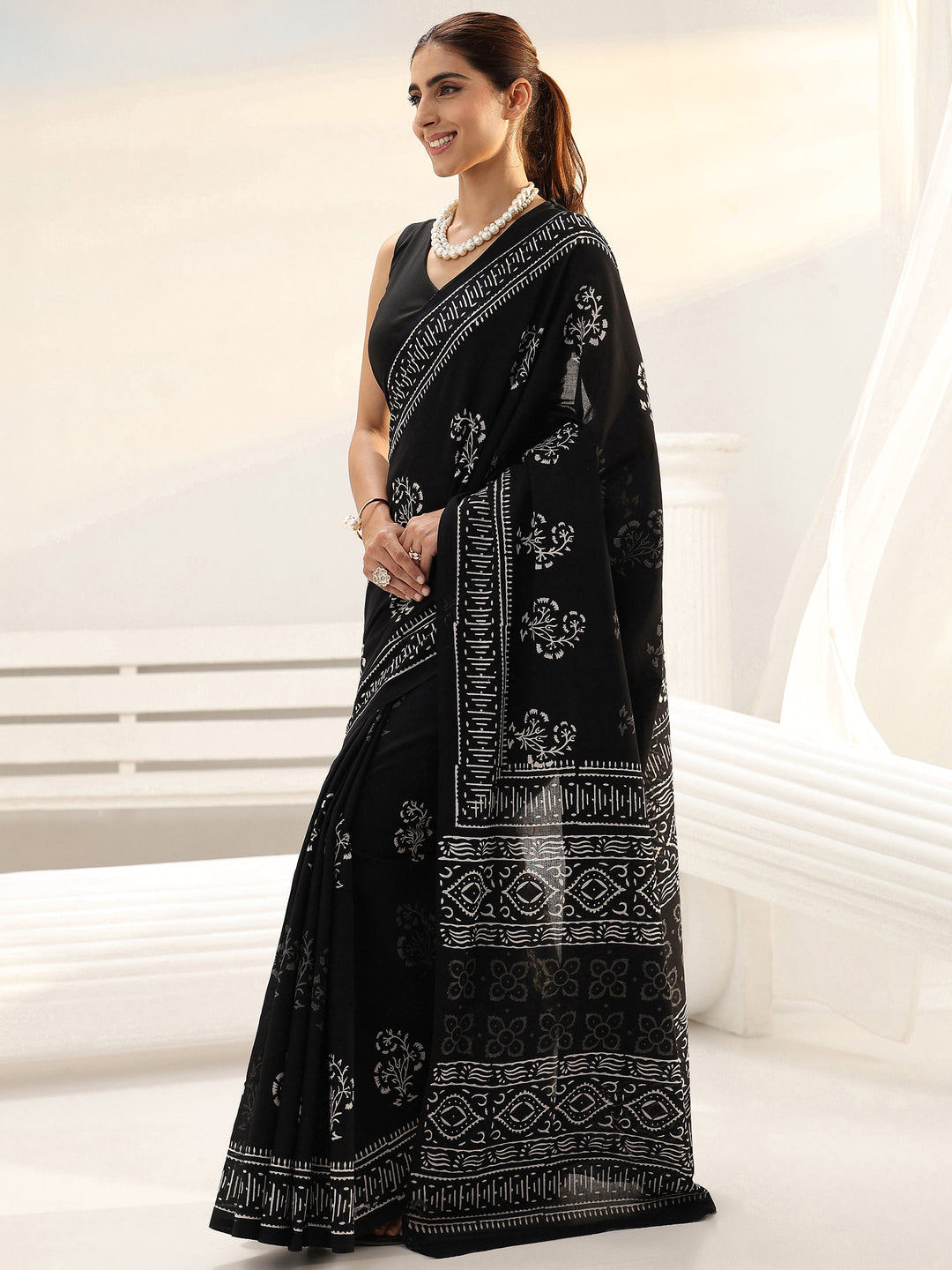 Blue Floral Printed Cotton Saree