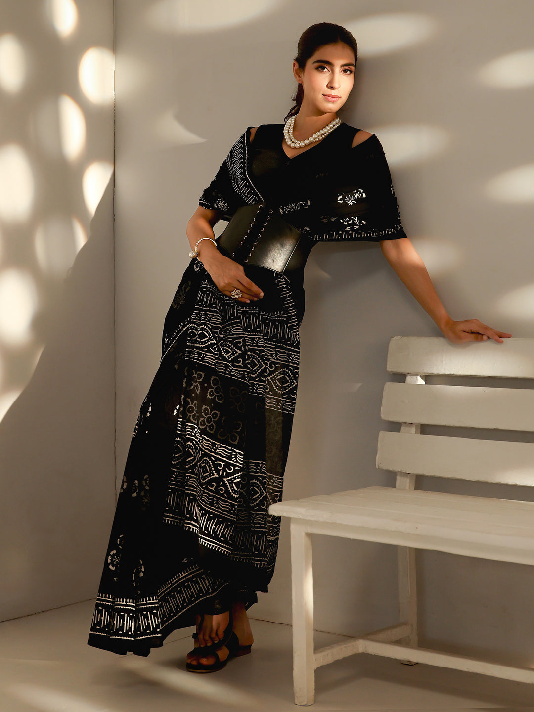 Black Floral Dabu Print Cotton Saree