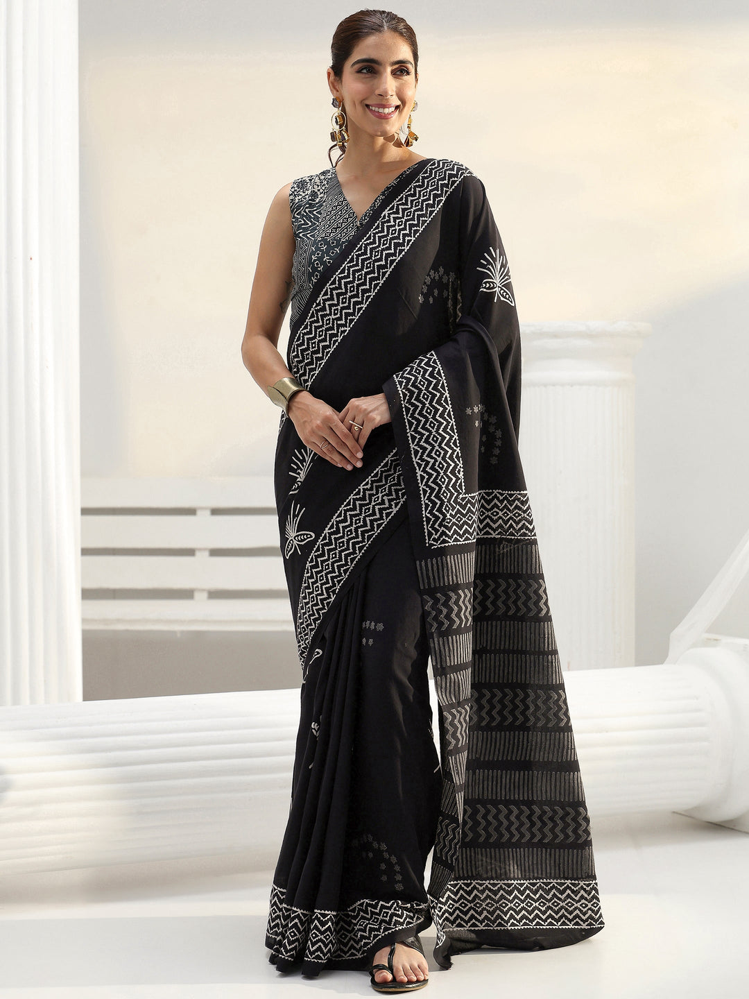 Black Floral Printed Cotton Saree