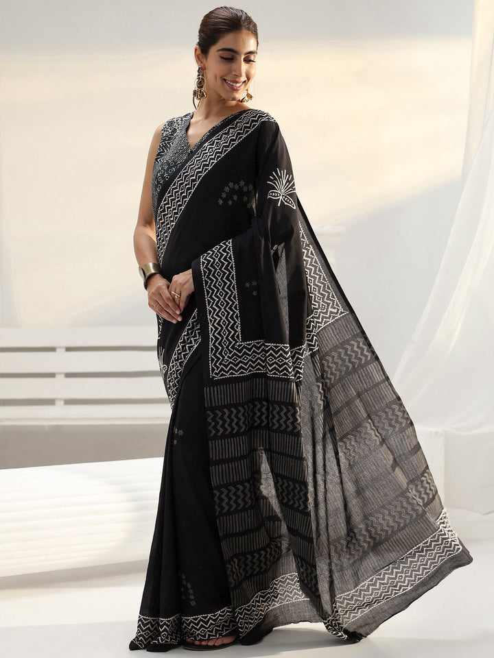 Black Floral Printed Cotton Saree