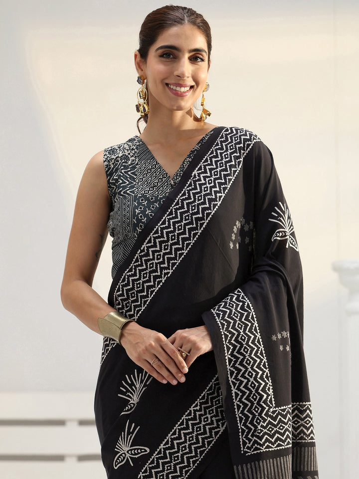 Black Floral Printed Cotton Saree
