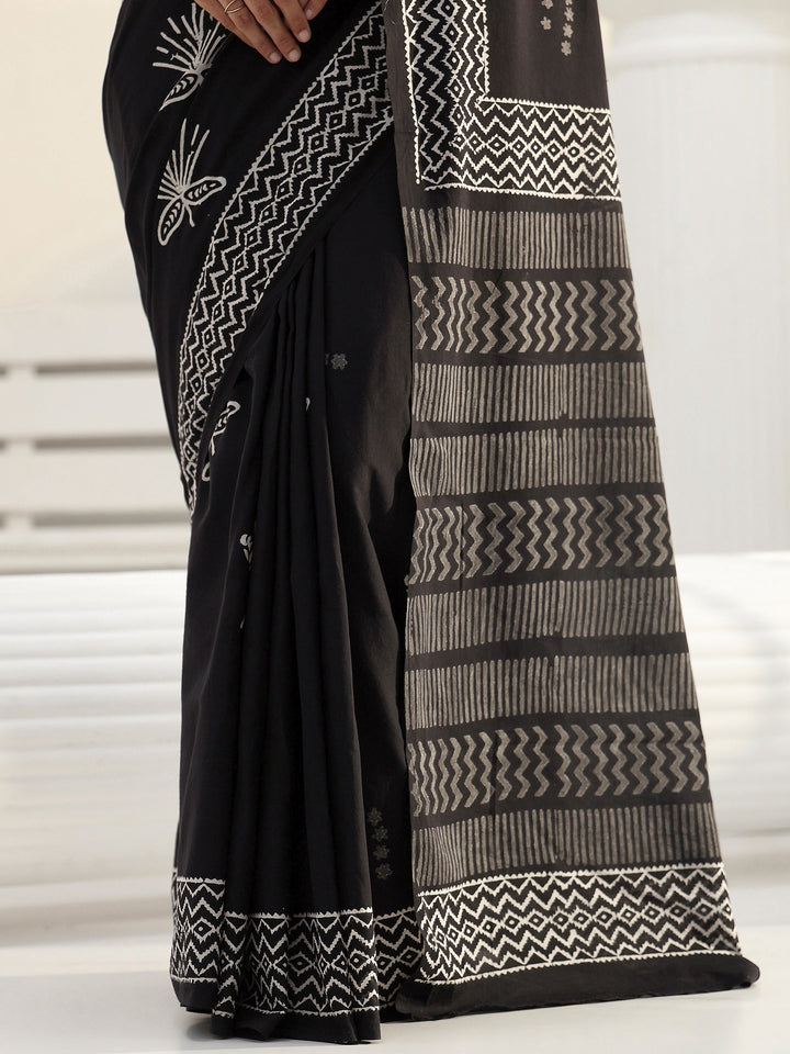 Black Floral Printed Cotton Saree