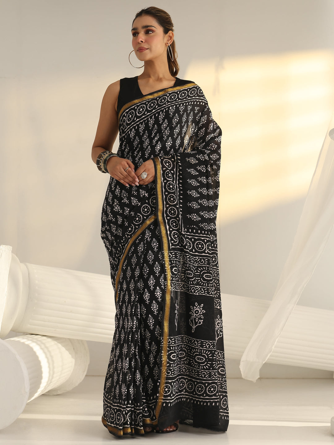 Black Dabu Print Cotton Saree