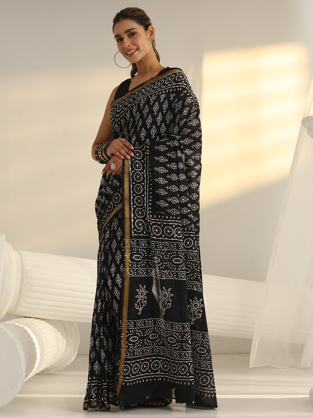 Black Dabu Print Cotton Saree