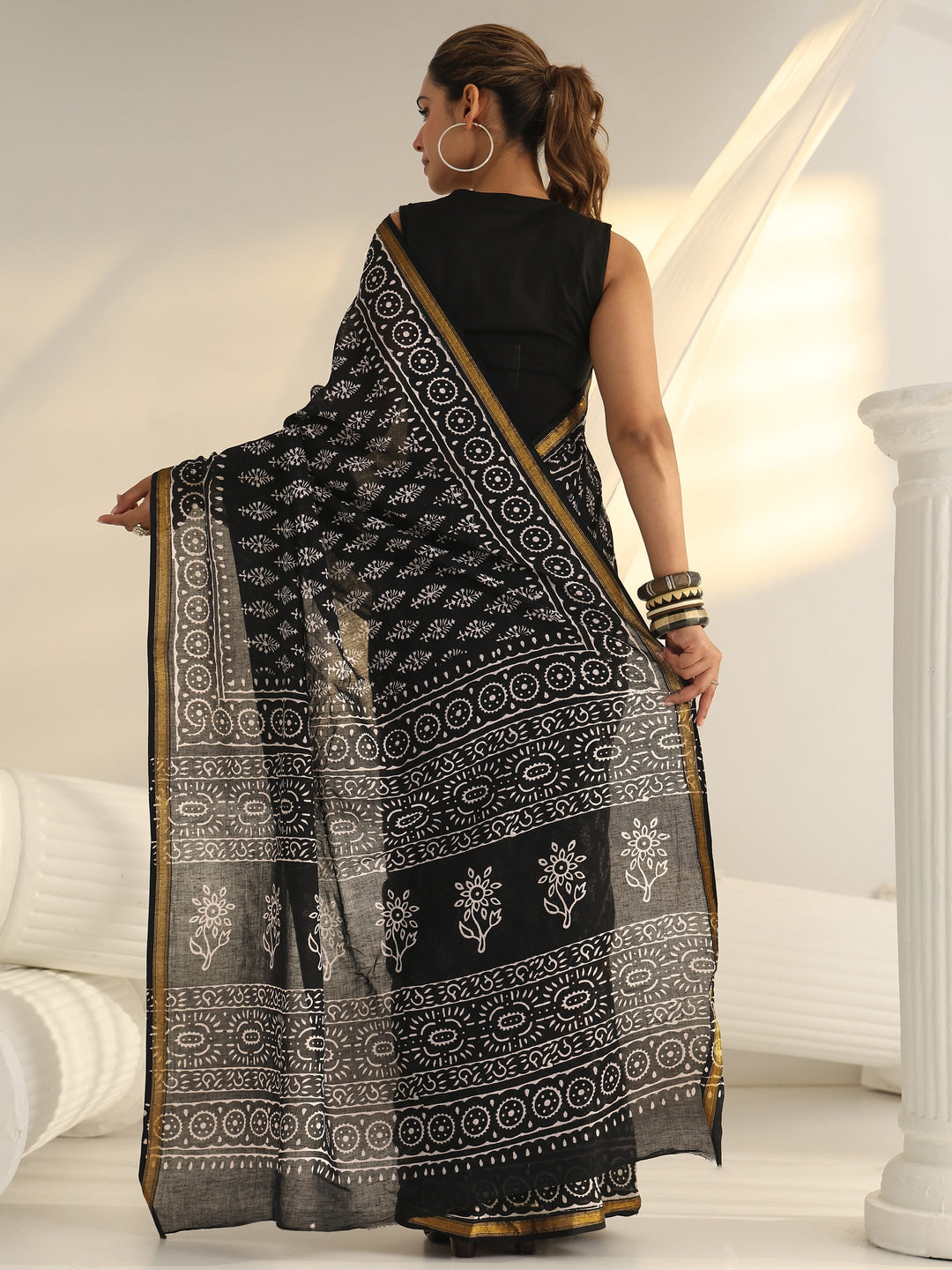 Black Dabu Print Cotton Saree