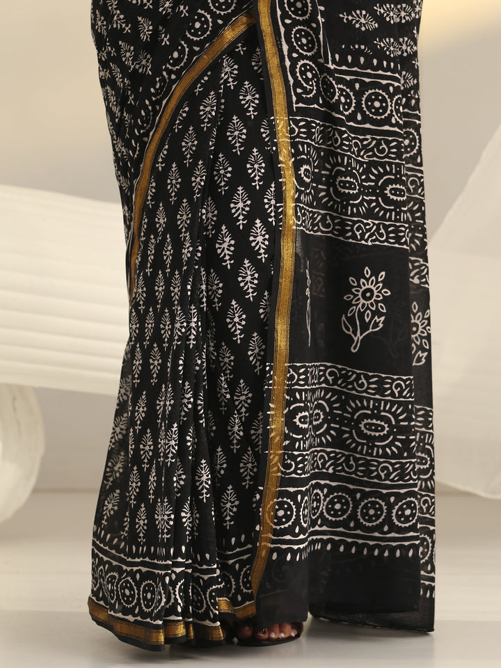 Black Dabu Print Cotton Saree