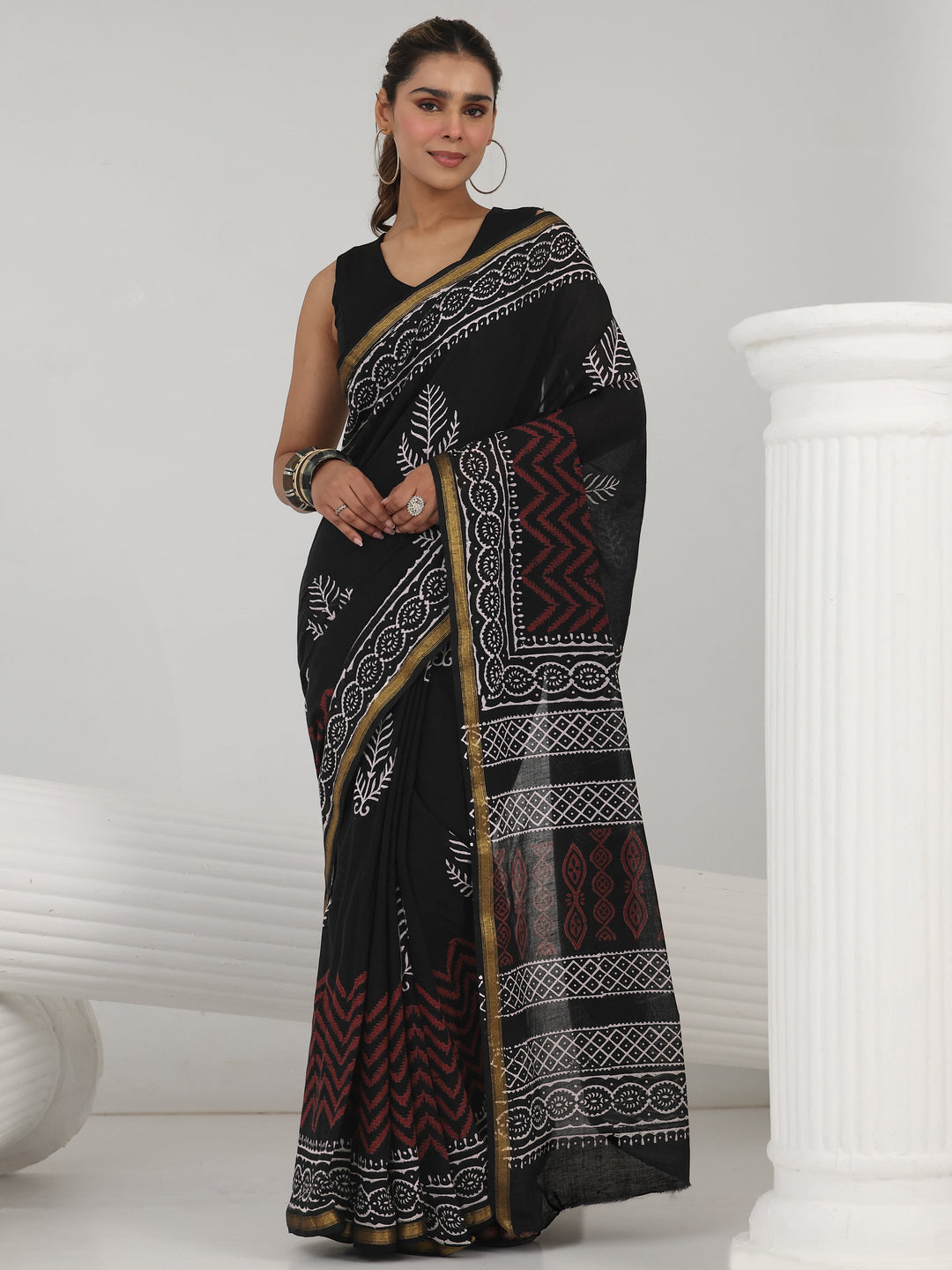Black Block Print Cotton Saree