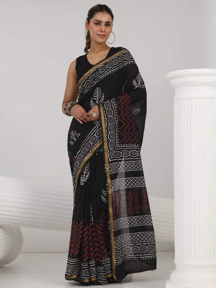 Black Block Print Cotton Saree