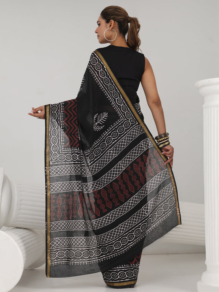 Black Block Print Cotton Saree