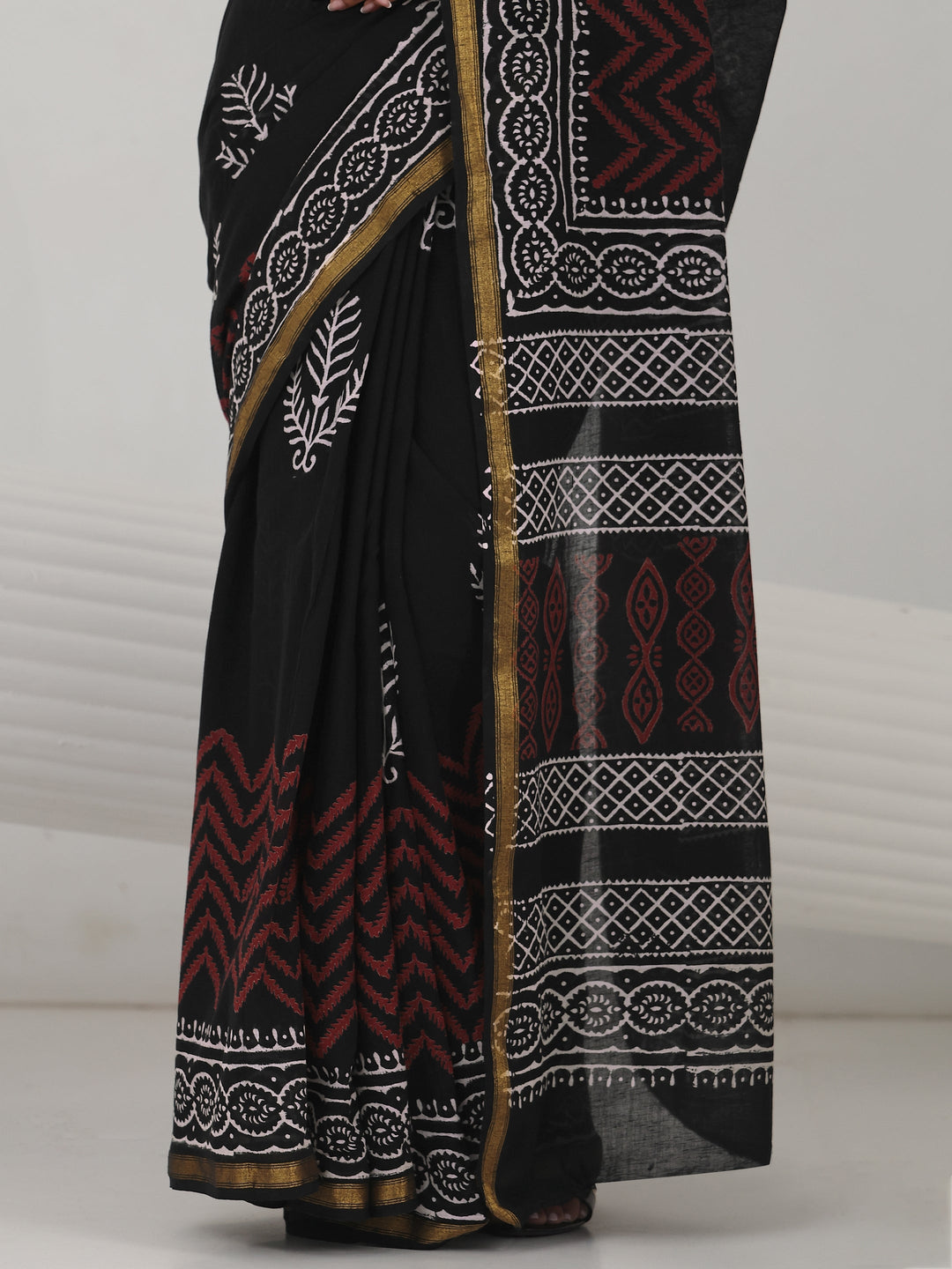 Black Block Print Cotton Saree