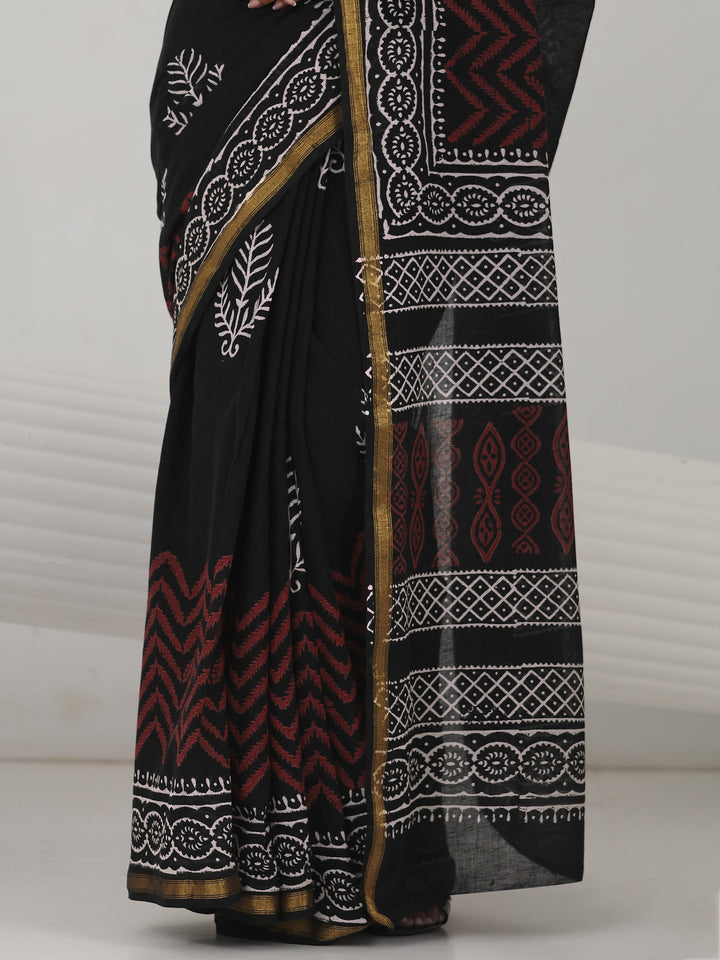 Black Block Print Cotton Saree
