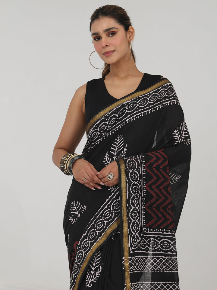Black Block Print Cotton Saree