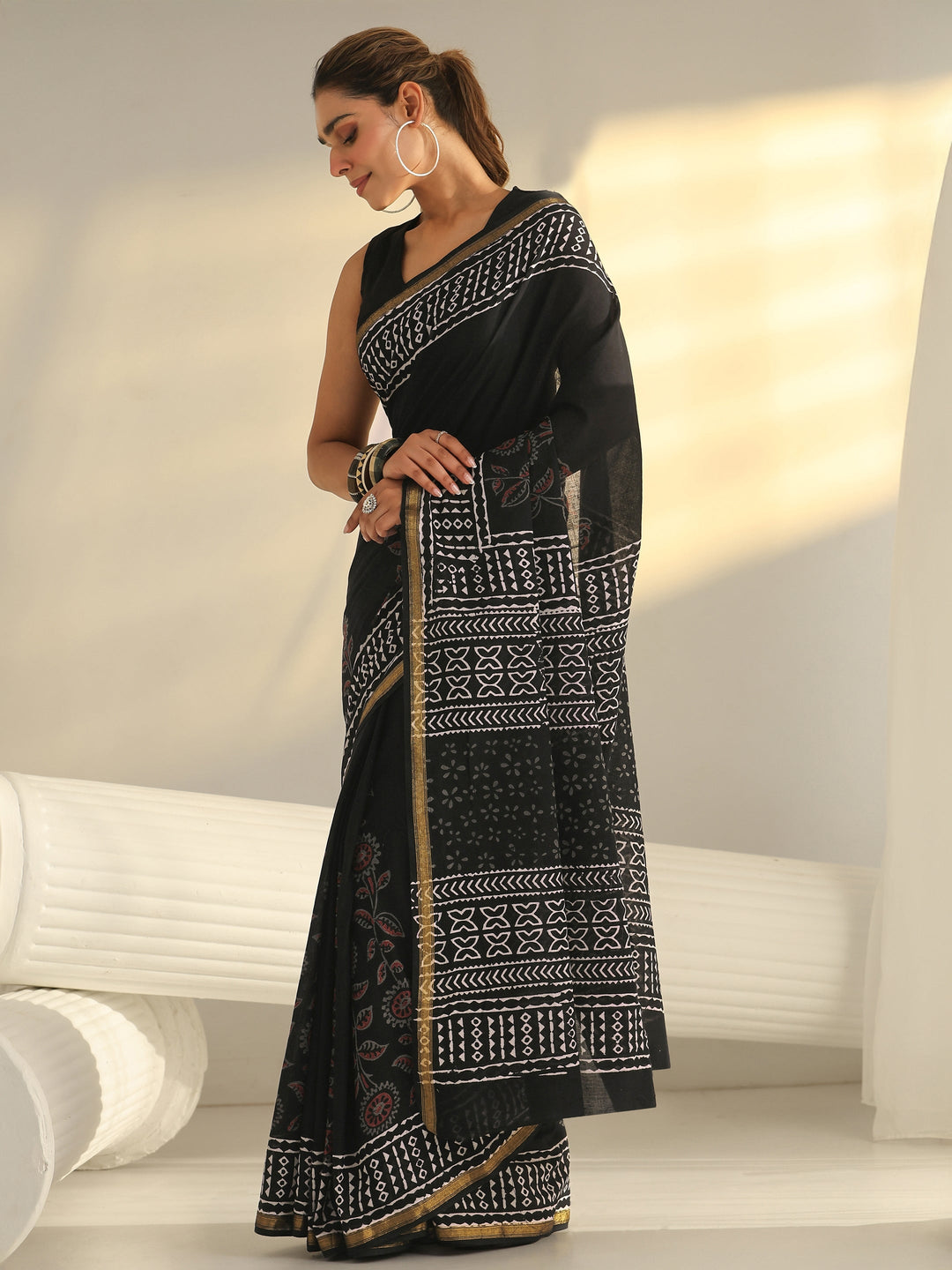 Black Block Print Cotton Saree