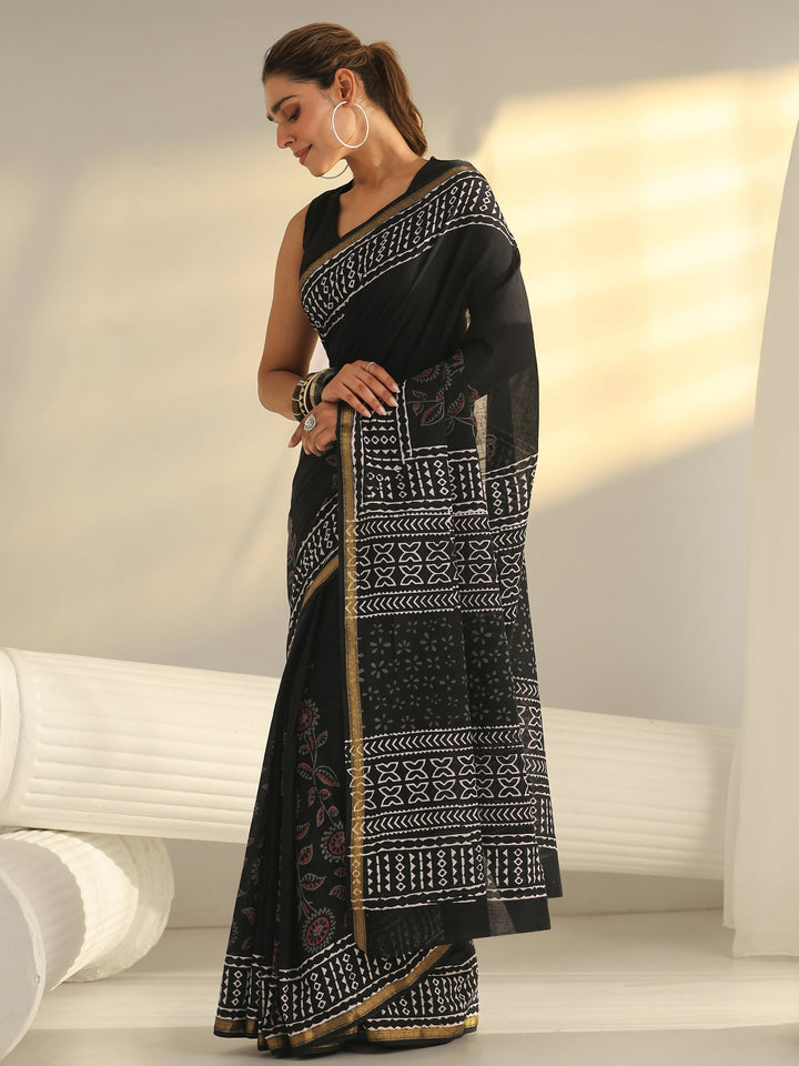 Black Block Print Cotton Saree