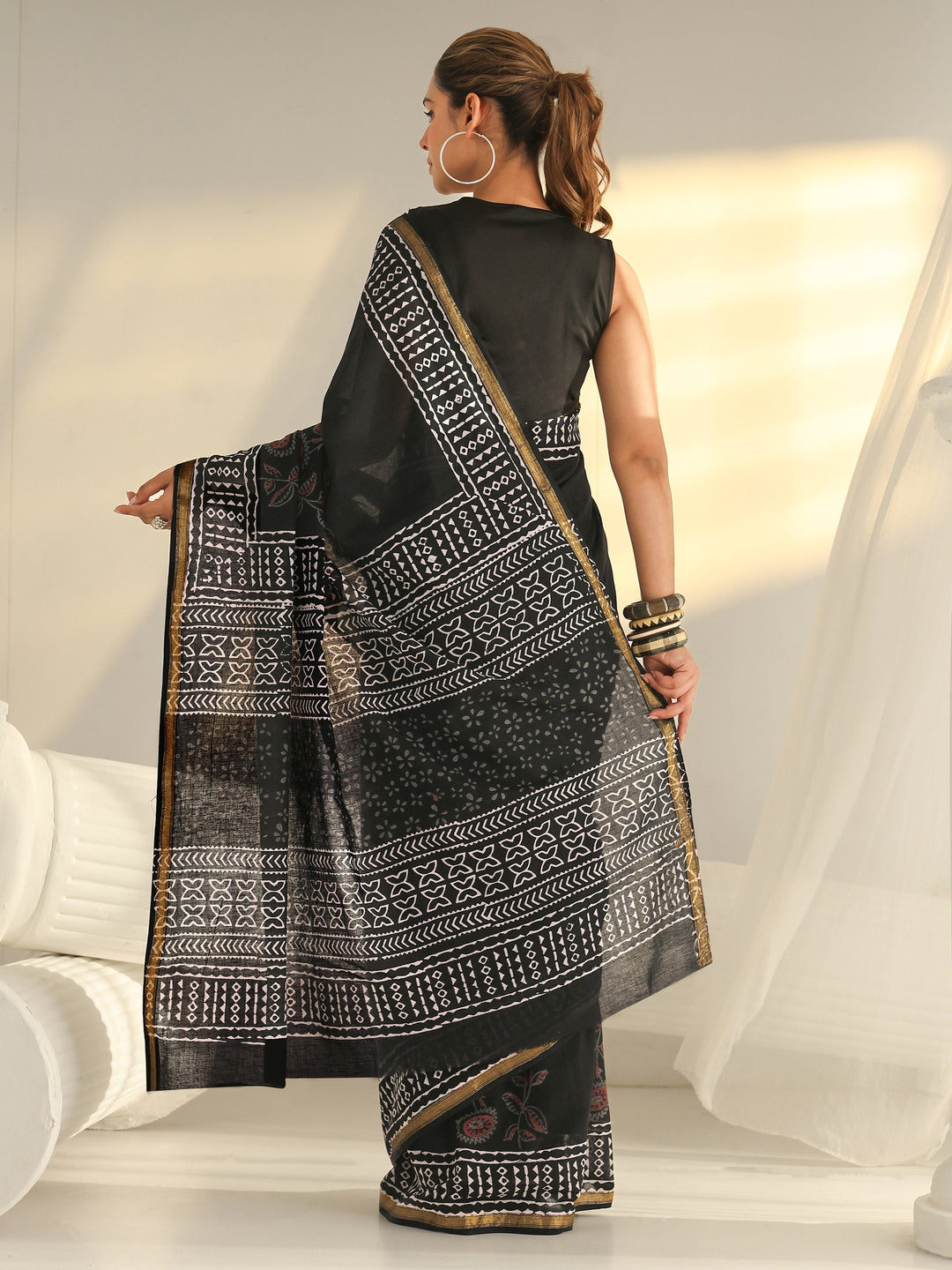Black Block Print Cotton Saree