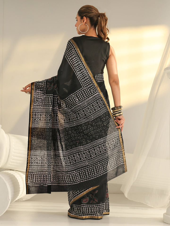 Black Block Print Cotton Saree