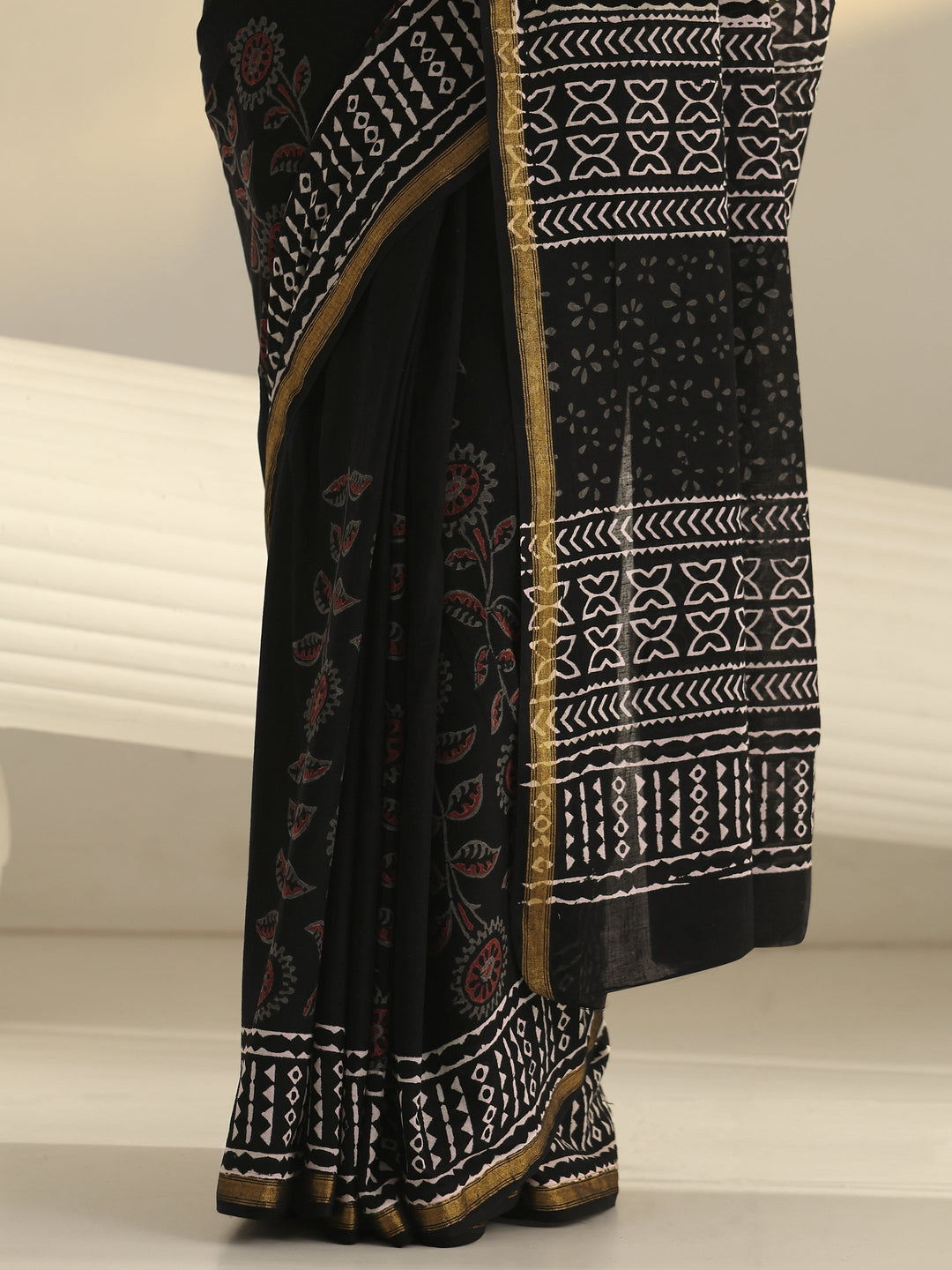 Black Block Print Cotton Saree