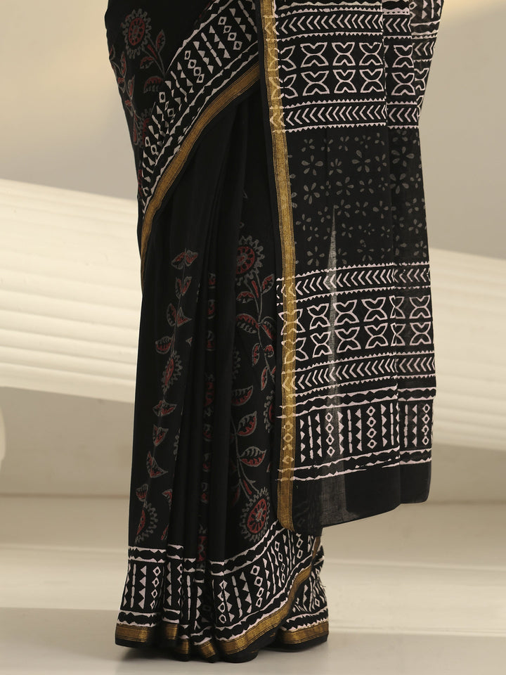 Black Block Print Cotton Saree