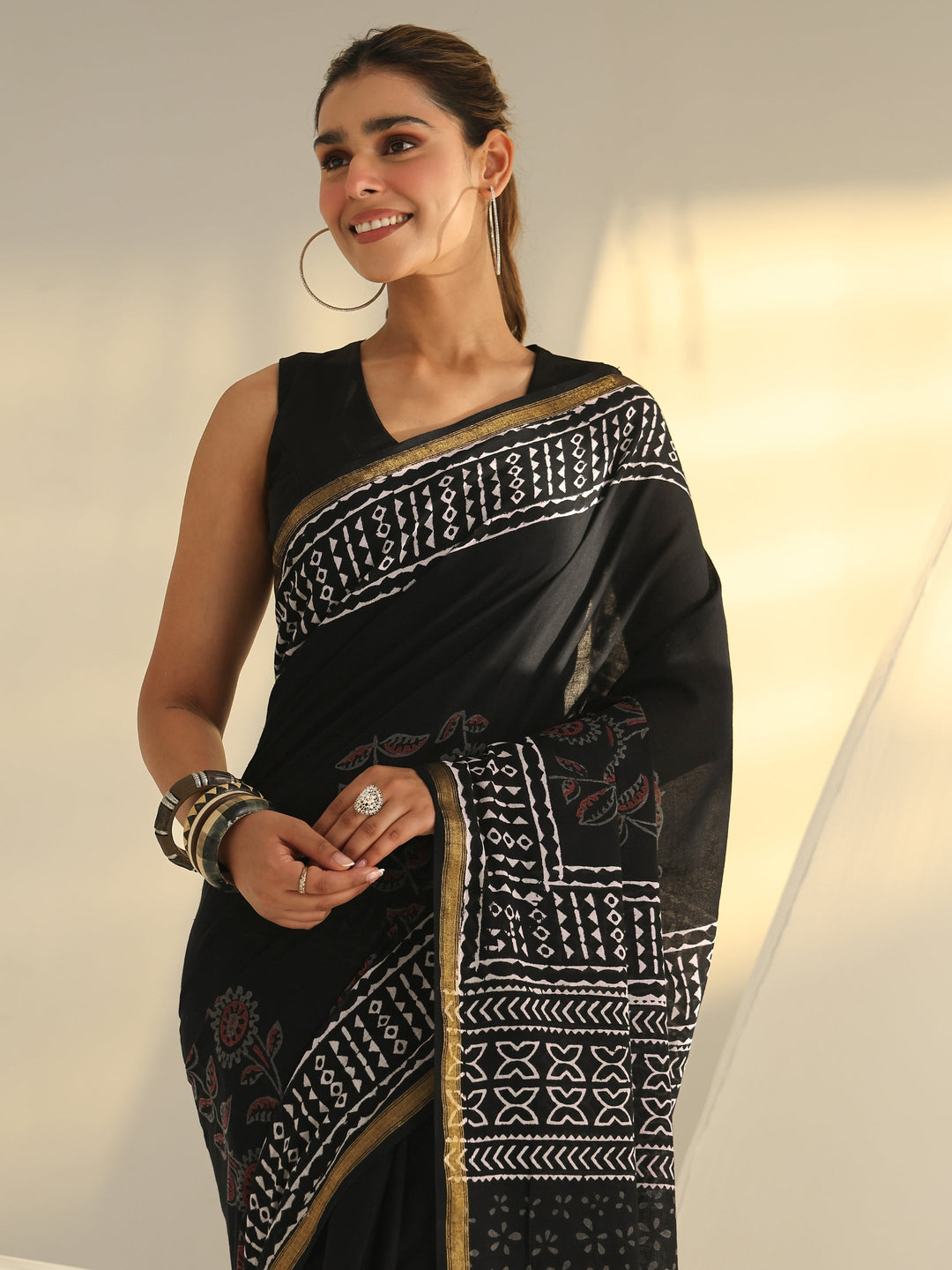 Black Block Print Cotton Saree
