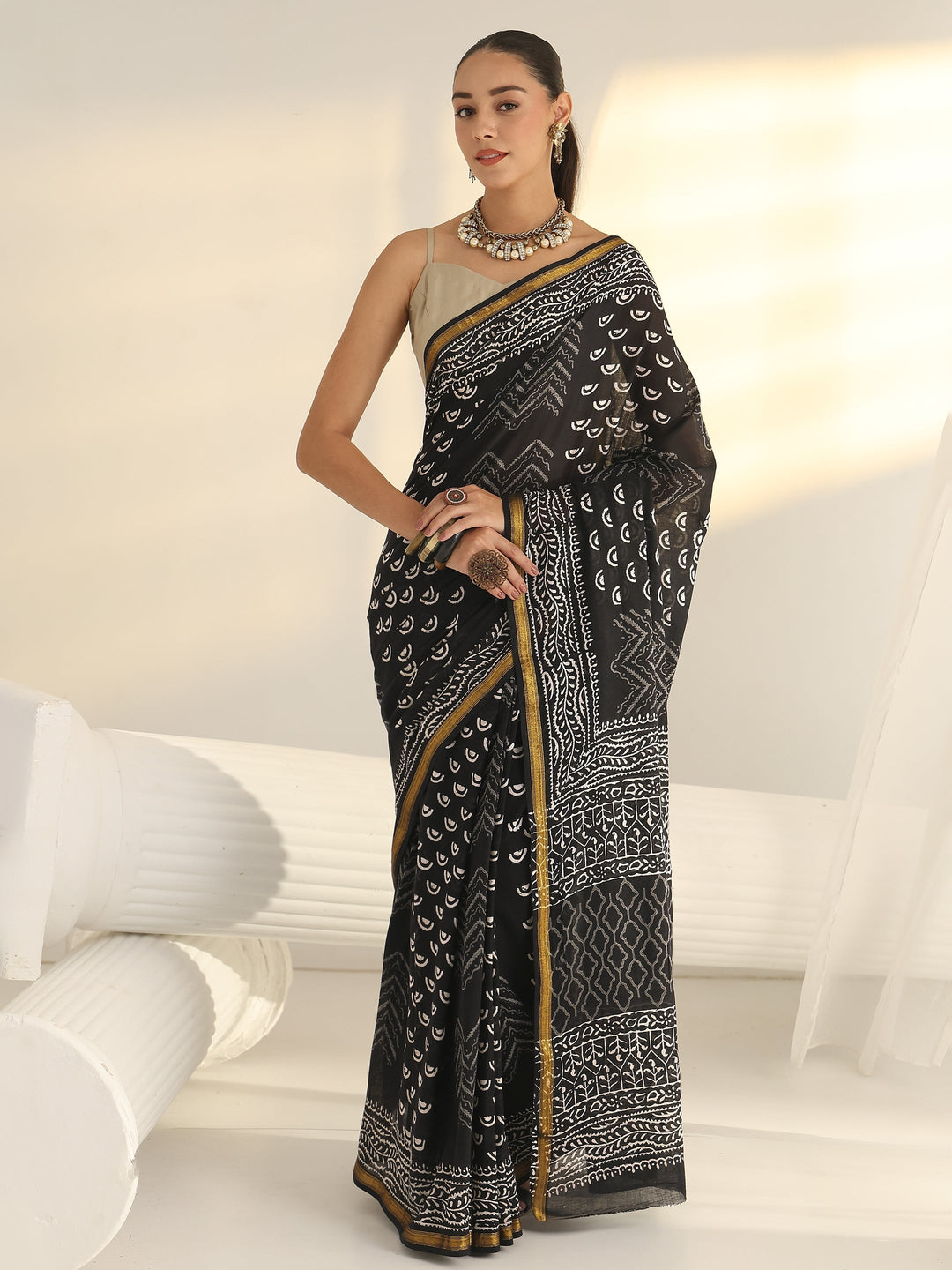 Black Dabu Print Cotton Saree