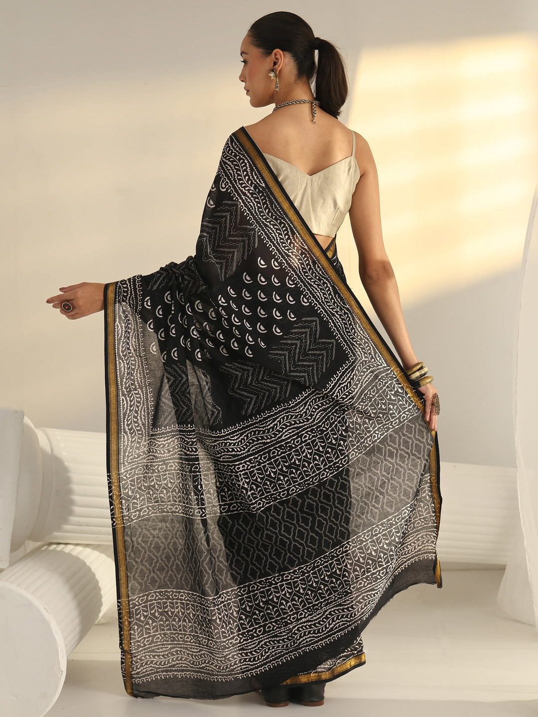 Black Dabu Print Cotton Saree