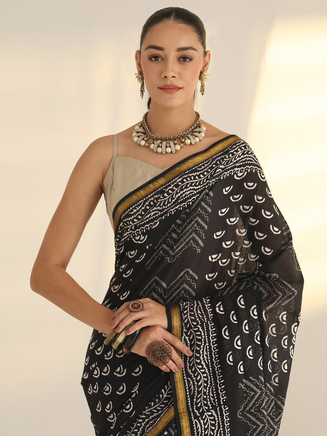 Black Dabu Print Cotton Saree