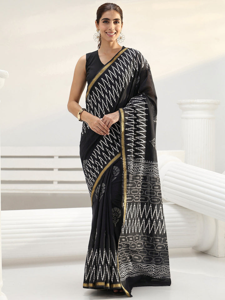 Black Floral Printed Cotton Saree