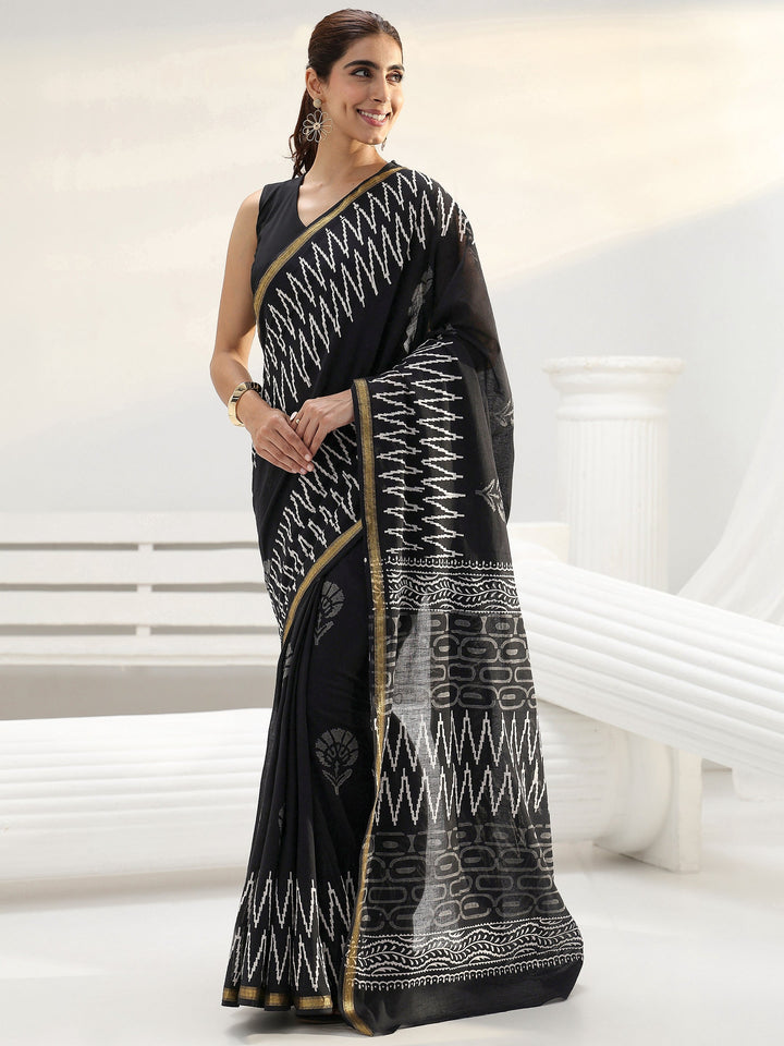 Black Floral Printed Cotton Saree