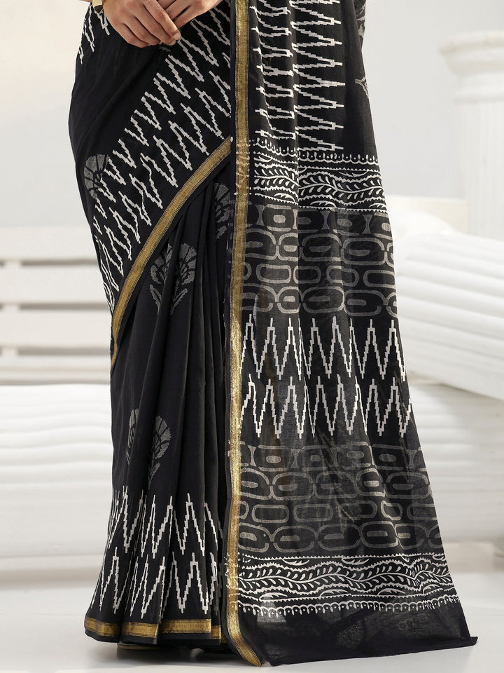 Black Floral Printed Cotton Saree