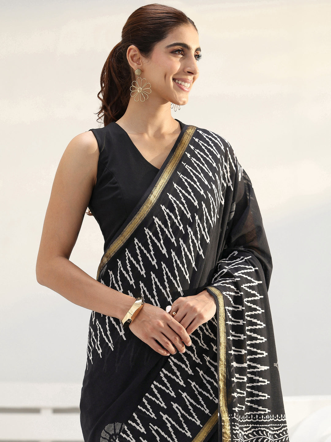 Black Floral Printed Cotton Saree