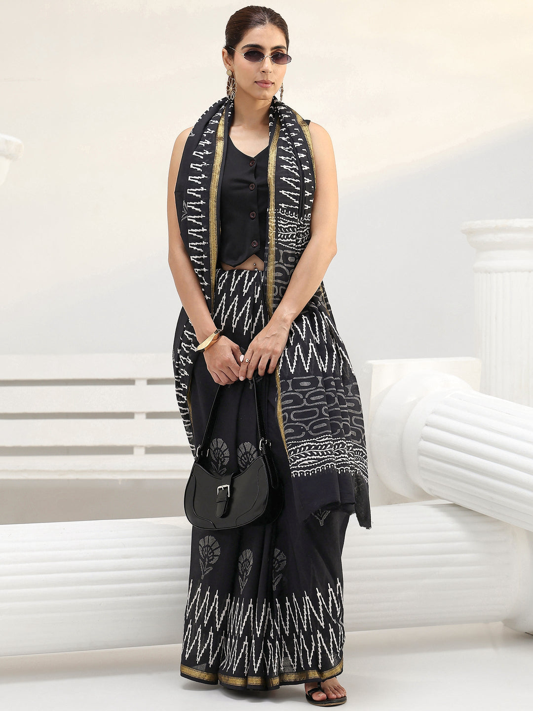 Black Floral Printed Cotton Saree