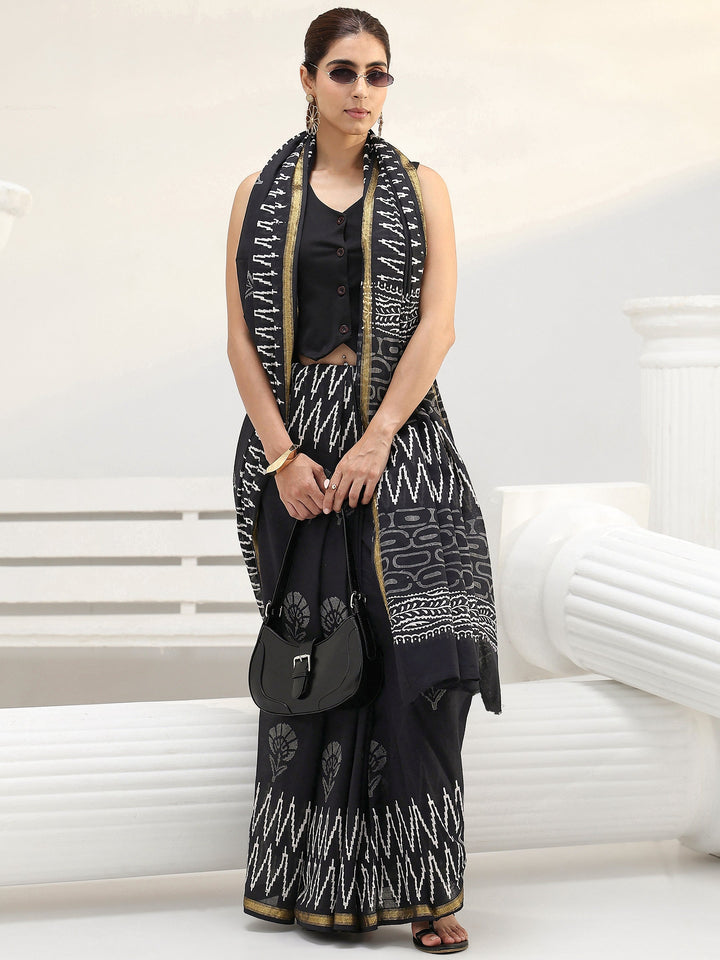 Black Floral Printed Cotton Saree