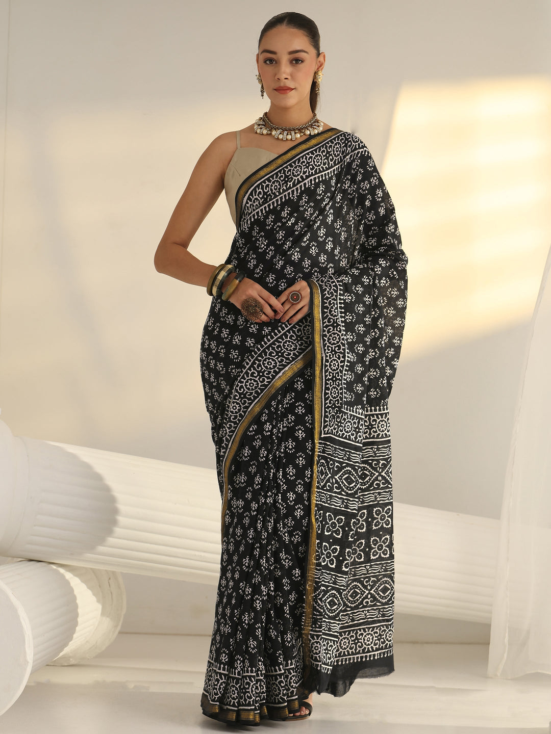 Black Dabu Print Cotton Saree