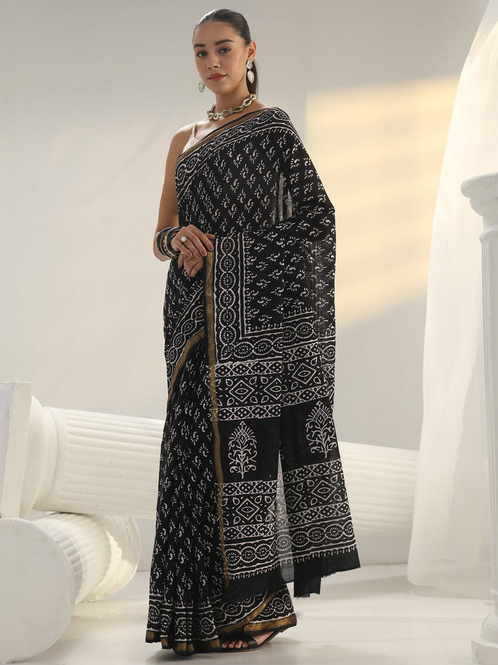 Black Dabu Print Cotton Saree