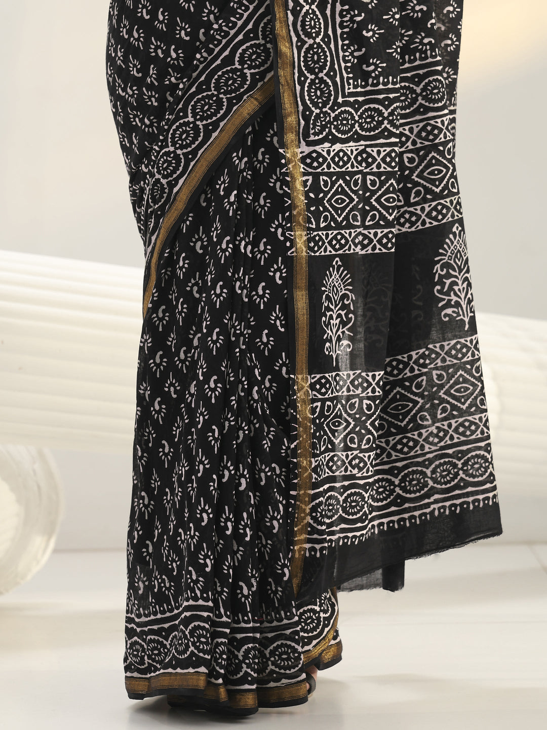 Black Dabu Print Cotton Saree