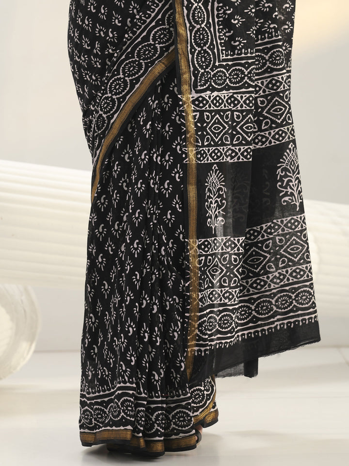 Black Dabu Print Cotton Saree