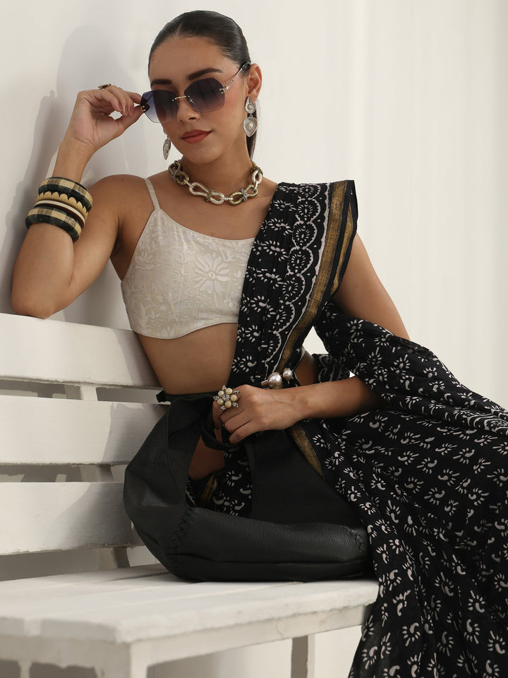Black Dabu Print Cotton Saree
