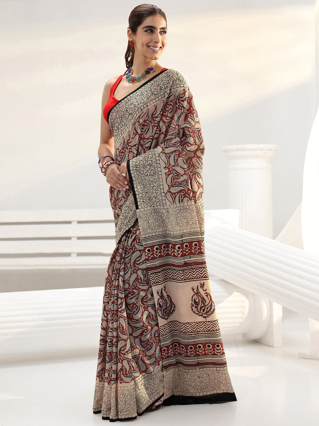 Beige Paisley Printed Cotton Saree