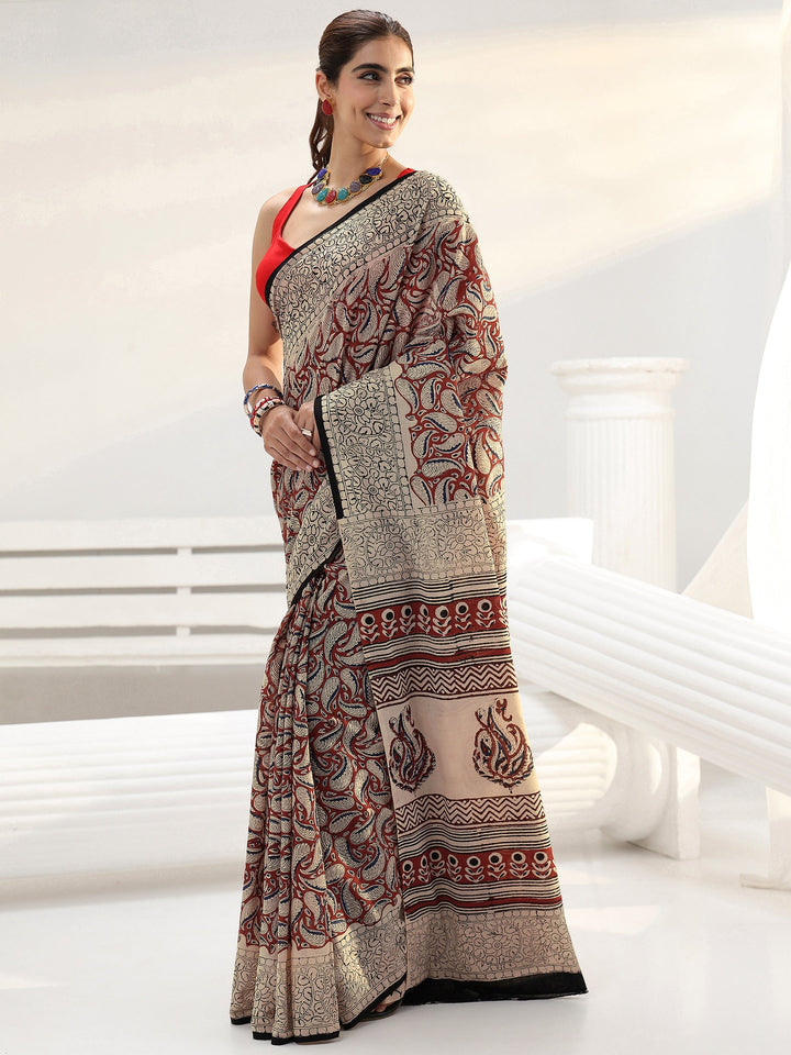 Beige Paisley Printed Cotton Saree