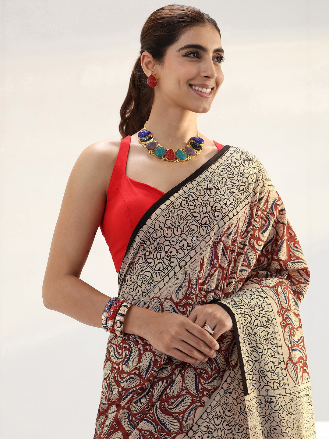 Beige Paisley Printed Cotton Saree