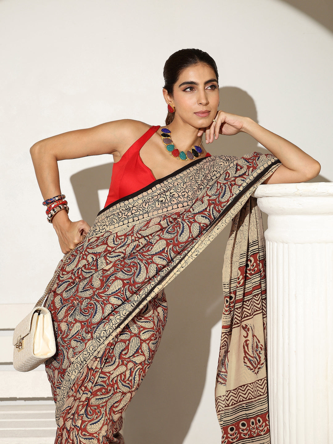 Beige Paisley Printed Cotton Saree