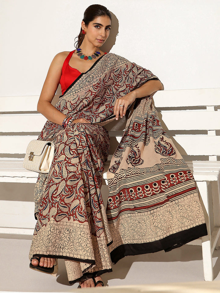 Beige Paisley Printed Cotton Saree