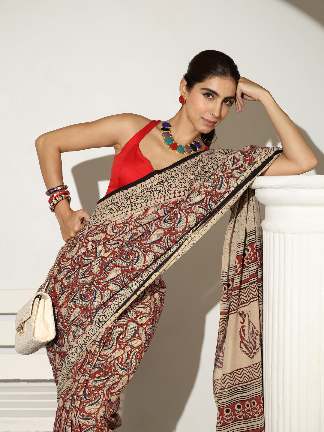 Beige Paisley Dabu Print Cotton Saree