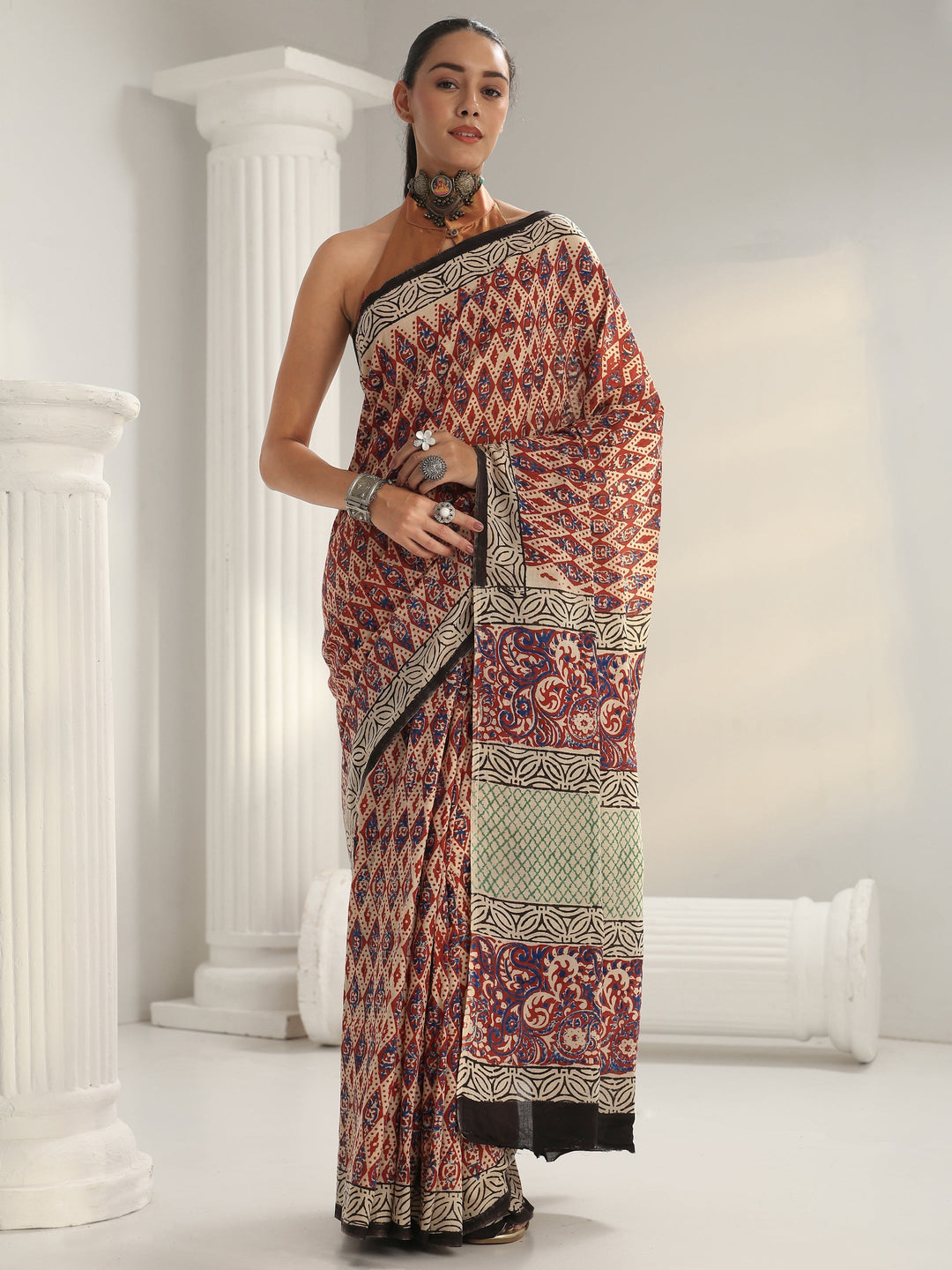 Red Dabu Print Cotton Saree