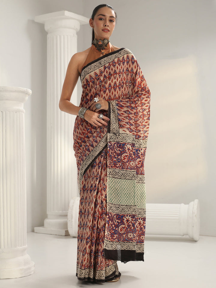 Red Dabu Print Cotton Saree