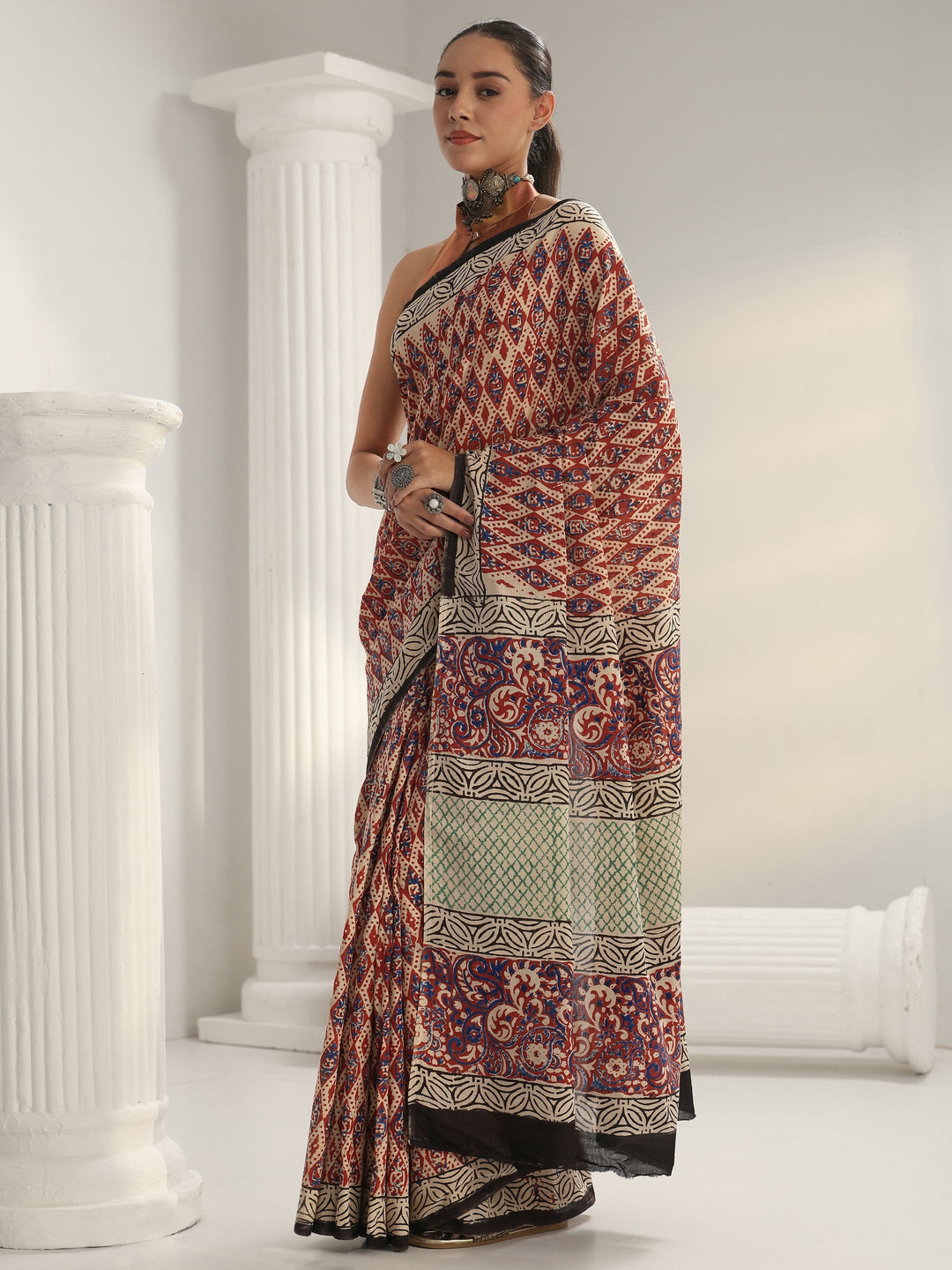Red Dabu Print Cotton Saree