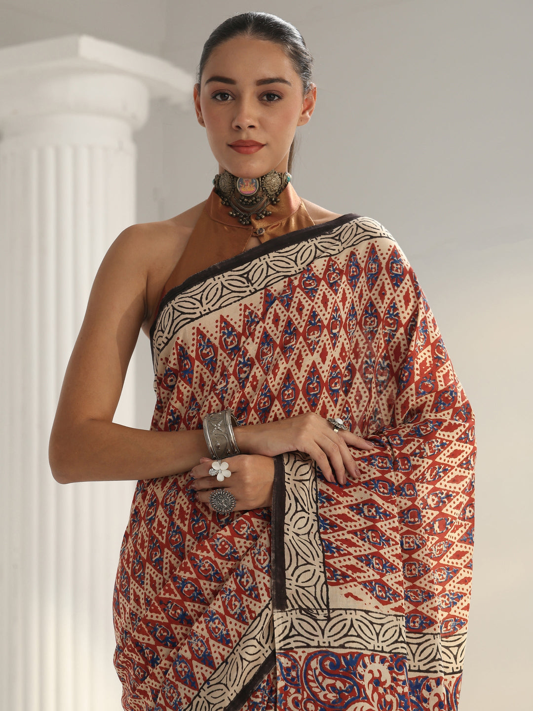 Red Dabu Print Cotton Saree