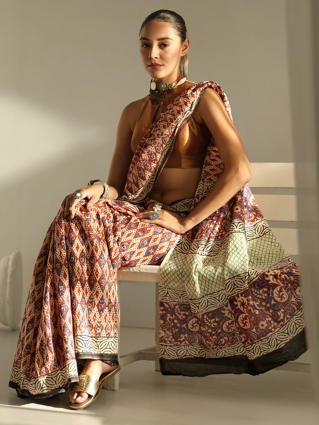 Red Dabu Print Cotton Saree
